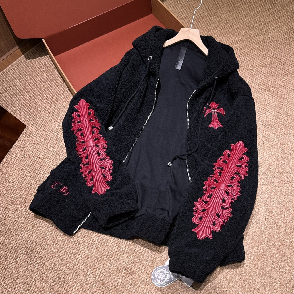 Chrome Women's and Men's Fall/Winter Hearts Polar Fleece Red Leather Cross Coat Embroidered Flowers  #332923
