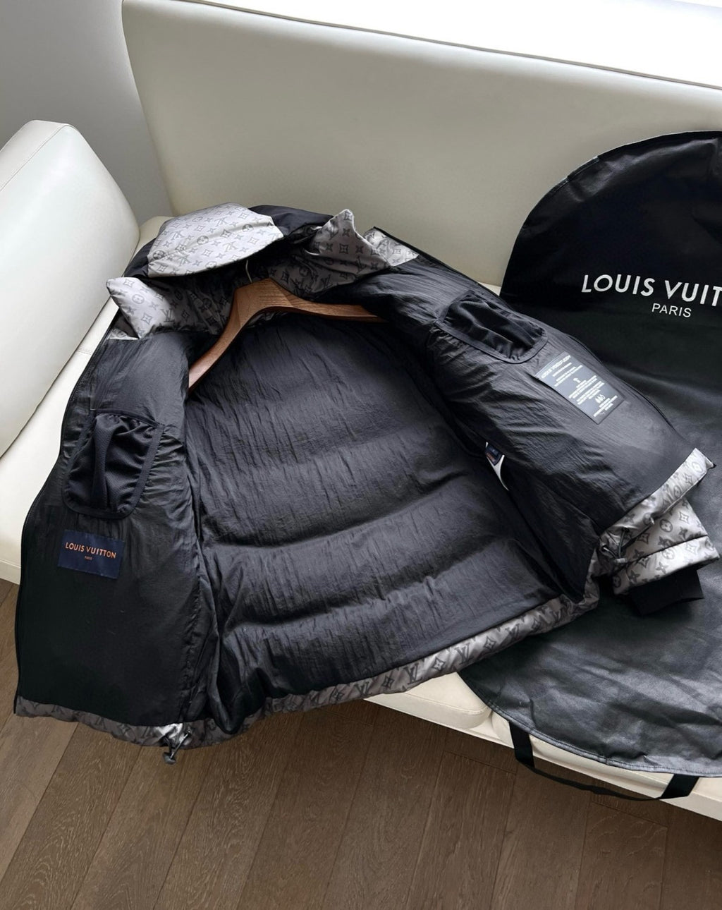 Louis Vuitton Men's Autumn and Winter Letter Printing Splicing Nylon Waterproof Fabric Warm Feeling Color Changing Hooded Zipper Long Sleeve Puffer Down Jacket #74186