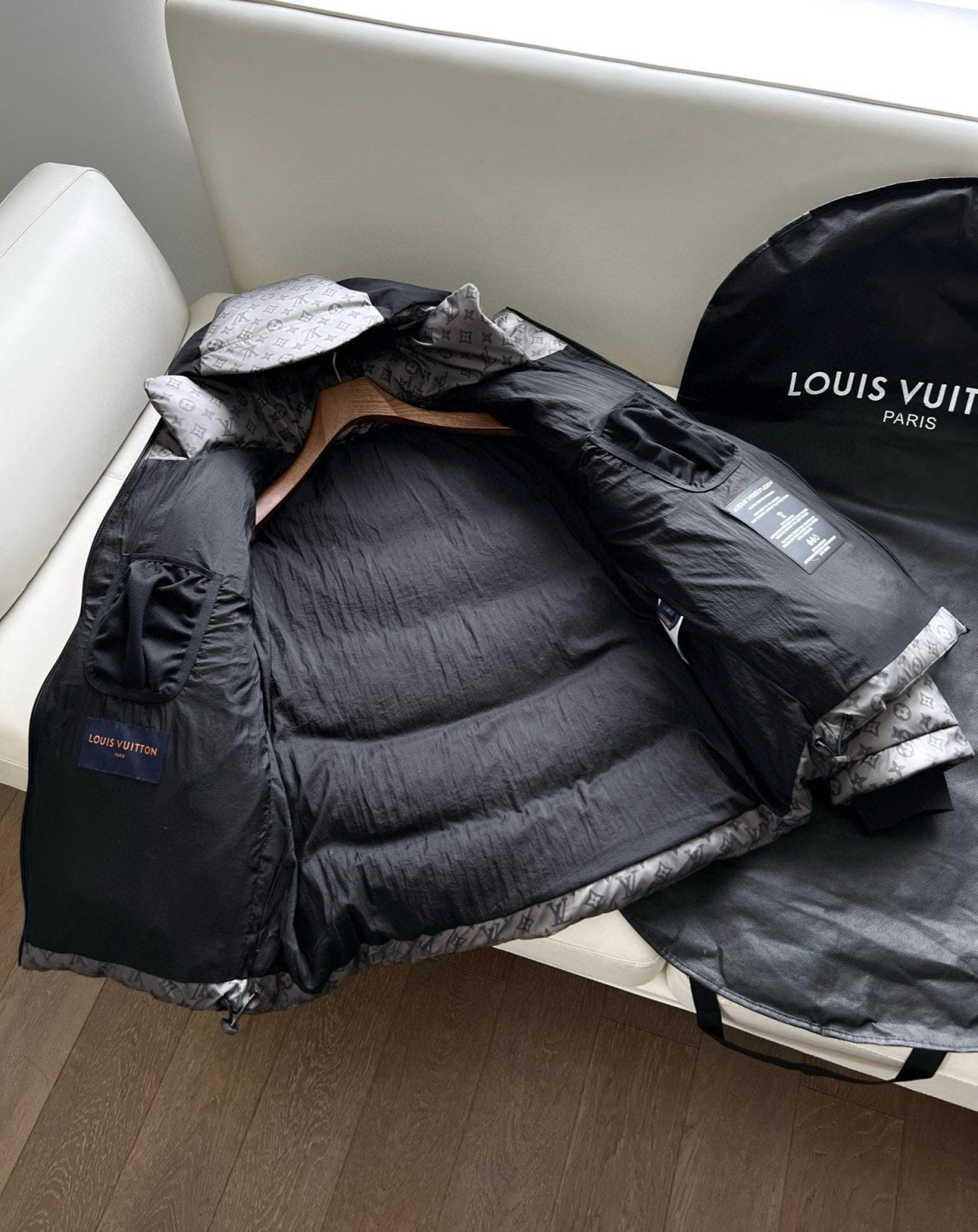 Louis Vuitton Men's Autumn and Winter Letter Printing Splicing Nylon Waterproof Fabric Warm Feeling Color Changing Hooded Zipper Long Sleeve Puffer Down Jacket #74186