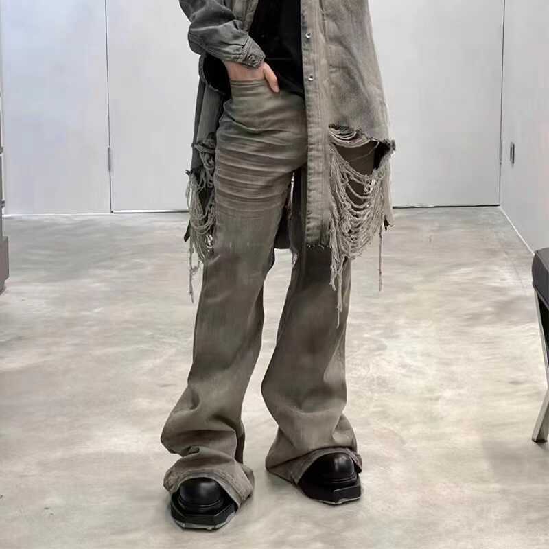 Rick Owens Men's Spring And Fall Do Old Desert Color Washed Flare Wide-leg Denim Pants Skinny Stacked Drag Ground Pleated Cat Whiskers Waste Soil Jeans Ngvp #2415