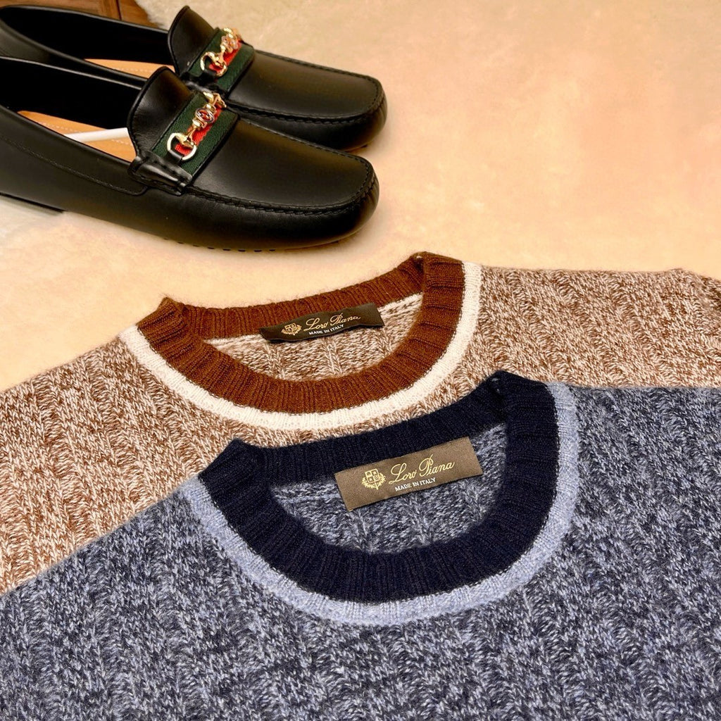 Loro Piana Men's Spring & Autumn Fashion Stripe Color Blocking Long Sleeve Knit Sweater Fit Cashmere Crew Neck Sweater Ngvp #9475