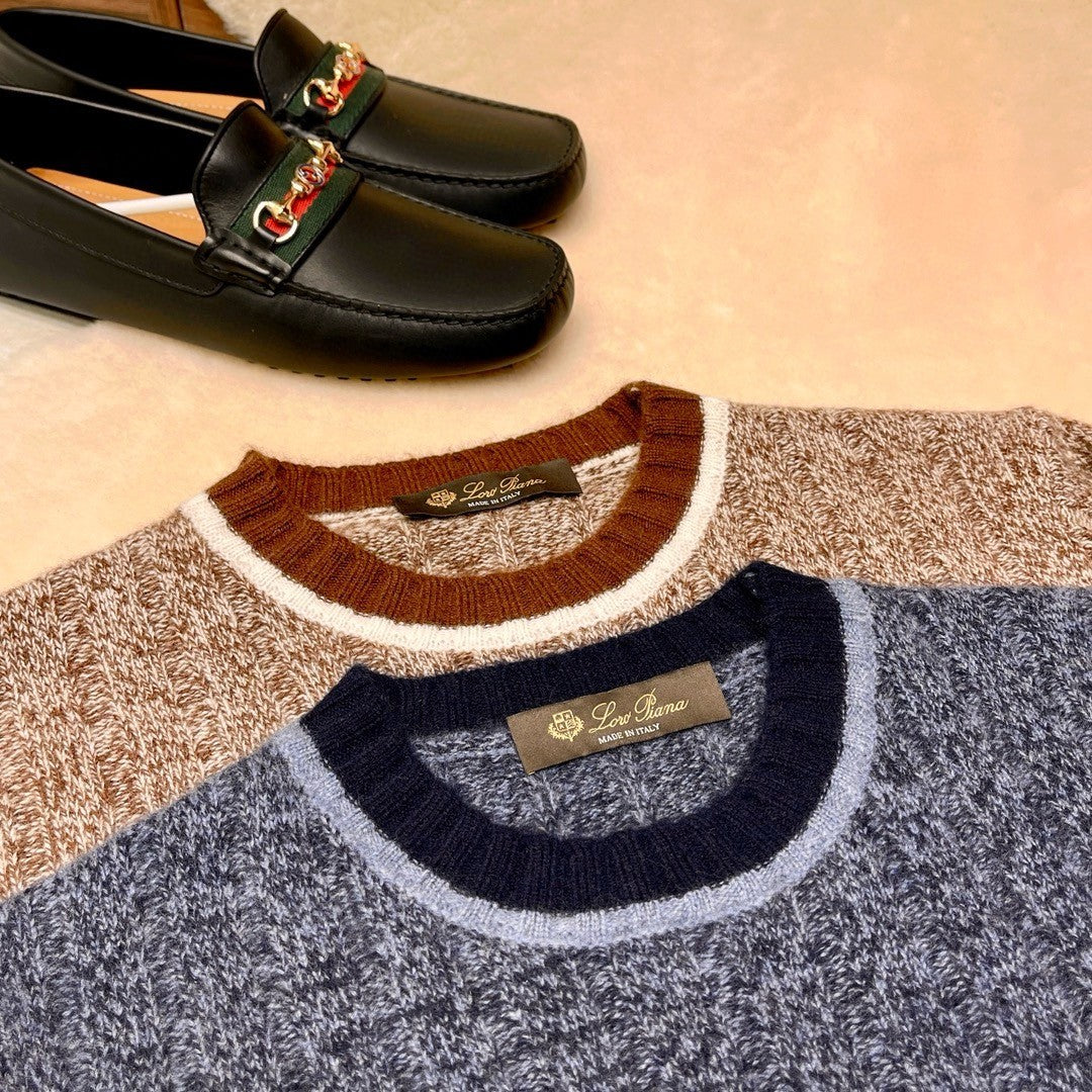 Loro Piana Men's Spring & Autumn Fashion Stripe Color Blocking Long Sleeve Knit Sweater Fit Cashmere Crew Neck Sweater Ngvp #9475
