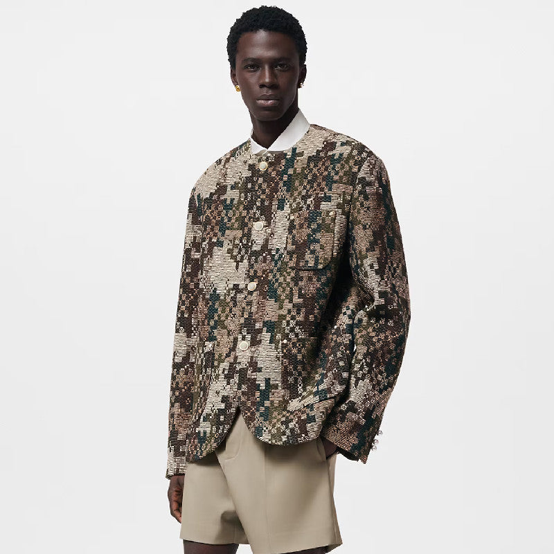 Louis Vuitton Men's Spring And Fall Fashion Mini Checkerboard Plaid Round Neck Jacket Pearl Buttons Casual Jacket Ngvp #7854