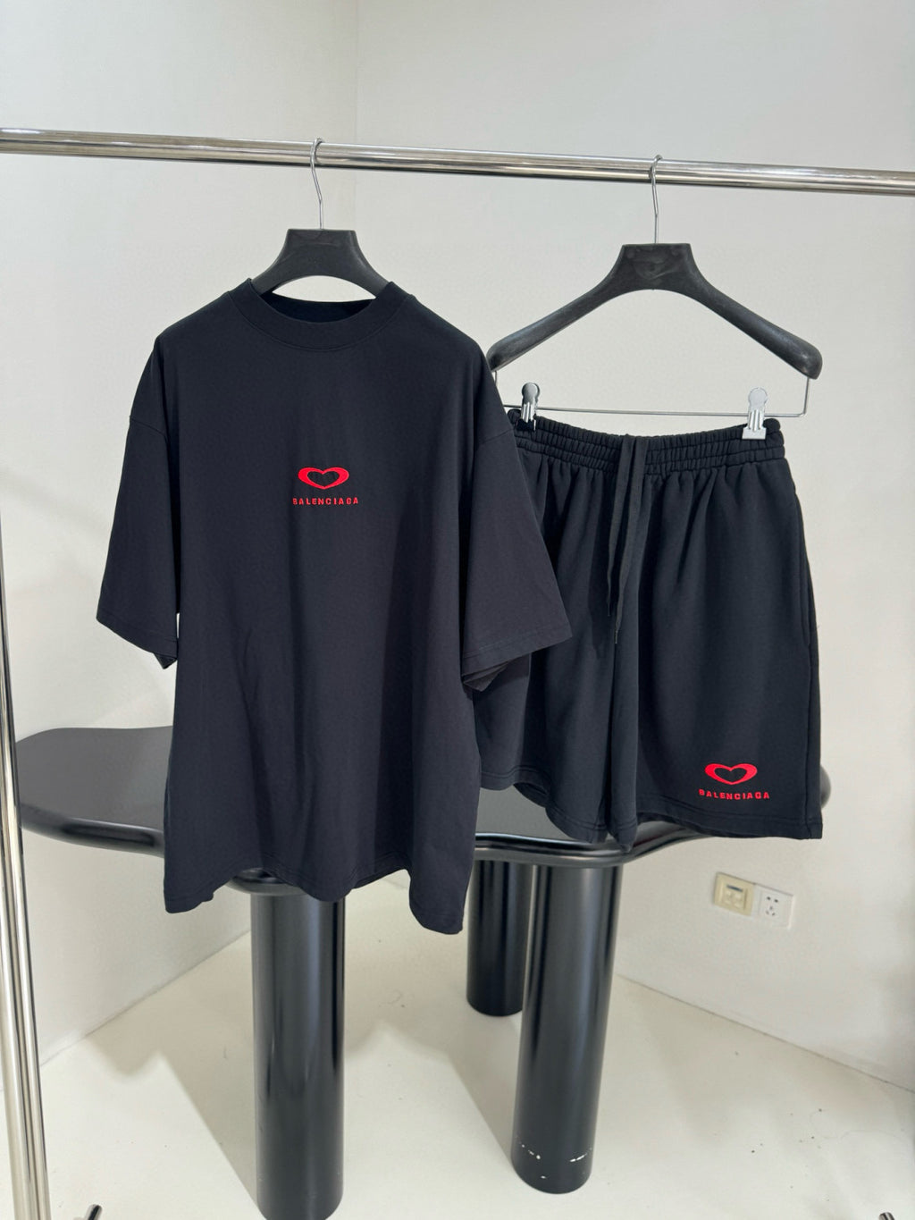 Balenciaga Men's And Women's Summer Fashion Casual Crew Neck Pullover Vintage Plain Weave Knit Short Sleeve T-Shirt with Elastic Waistband Logo Embroidered Shorts Suit Set #78535