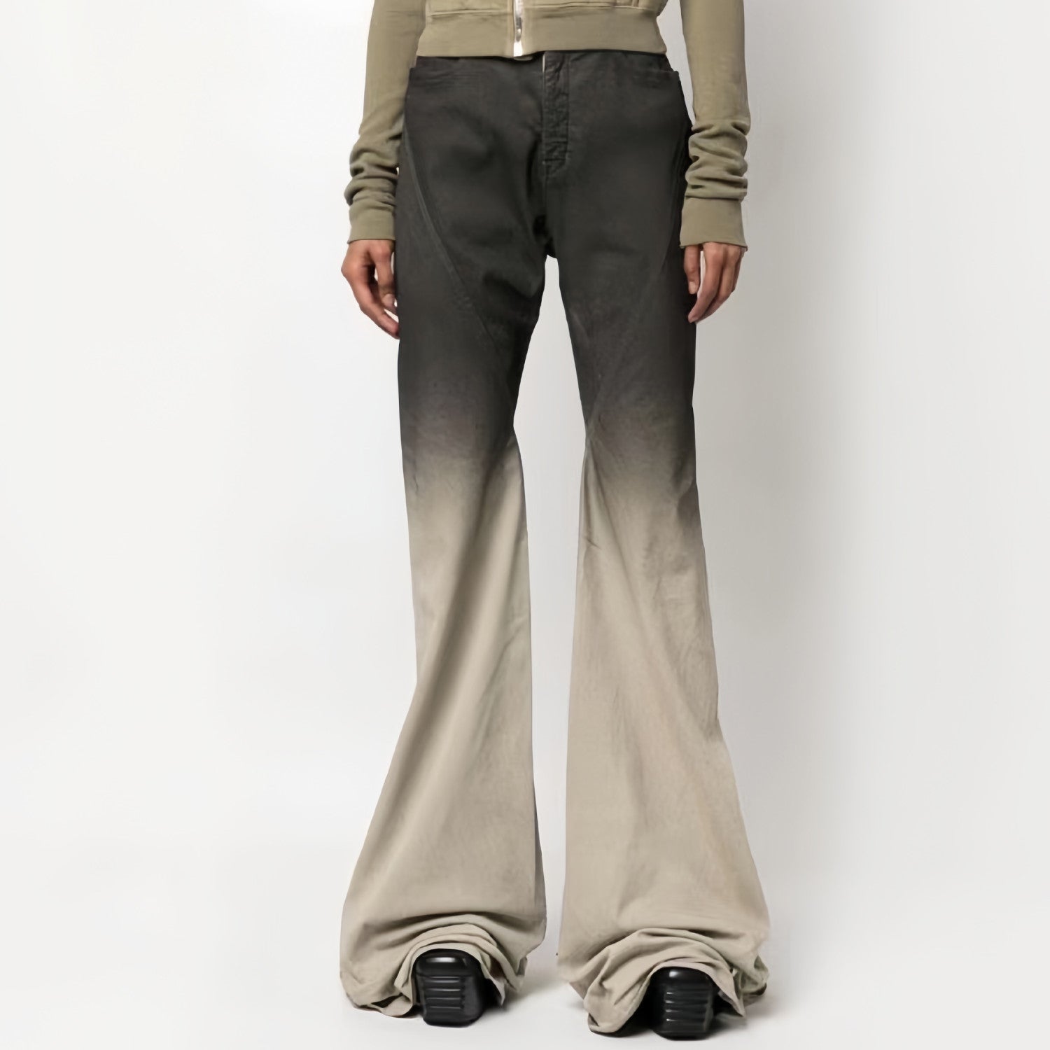 Rick Owens Men's Cotton Casual Zipper Black Gradient Skinny Wash Denim Flare Pants Ngvp #7286