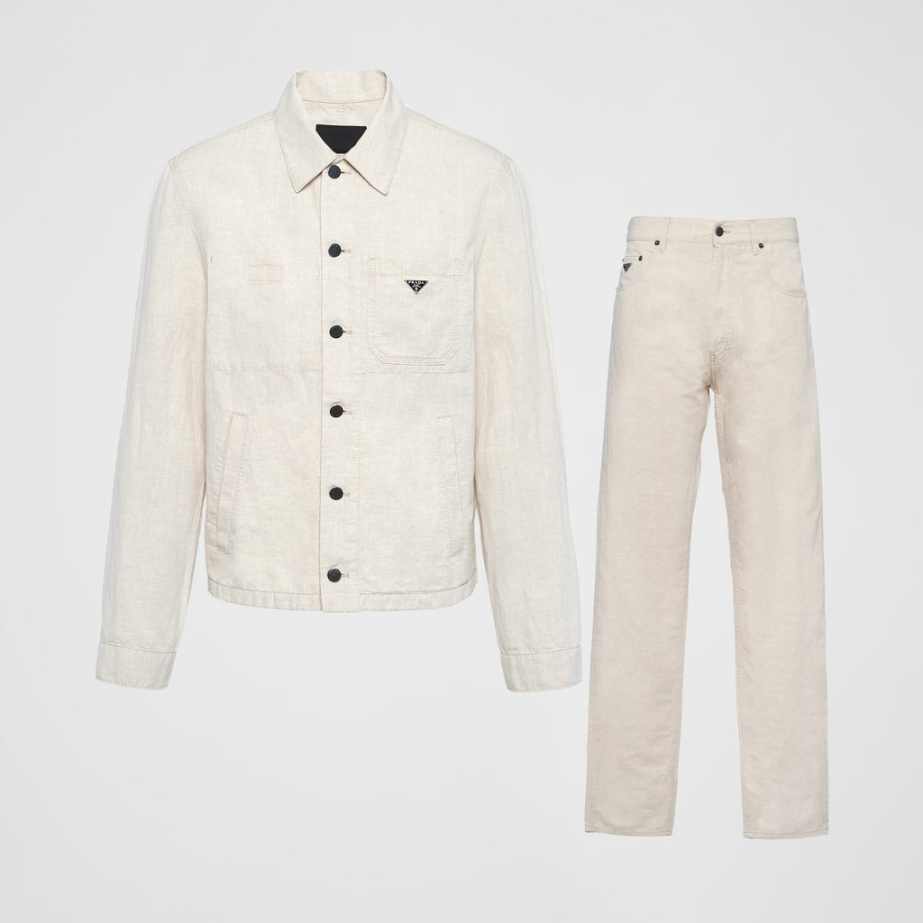 Prada Men's Fall And Winter Solid Color Lapel Single Breasted Linen Long Sleeved Jacket Casual Trousers Pants Set Suit #75646