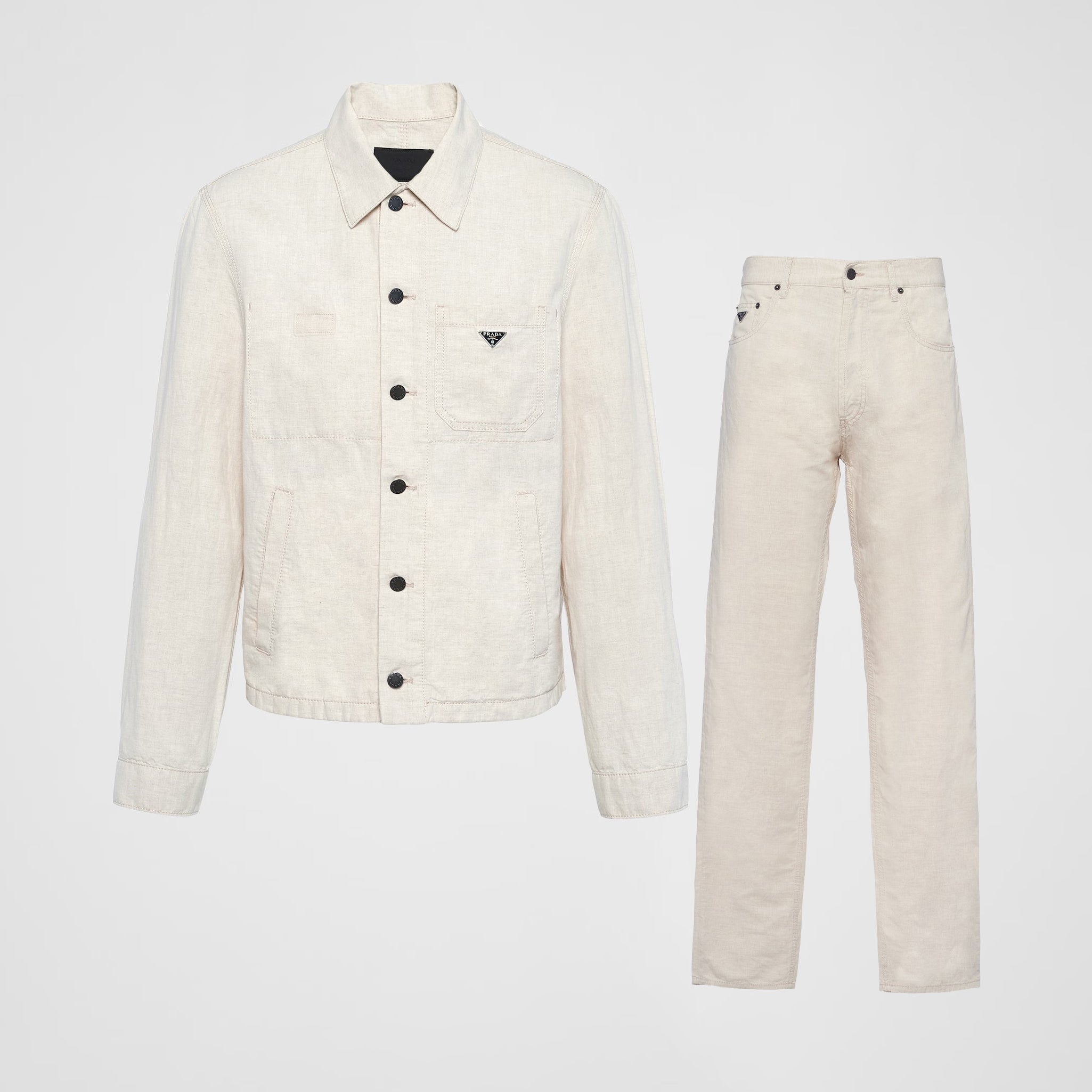 Prada Men's Fall And Winter Solid Color Lapel Single Breasted Linen Long Sleeved Jacket Casual Trousers Pants Set Suit #75646
