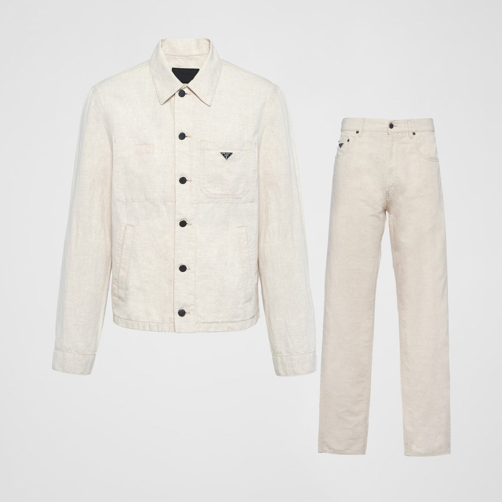 Prada Men's Fall And Winter Solid Color Lapel Single Breasted Linen Long Sleeved Jacket Casual Trousers Pants Set Suit #75646