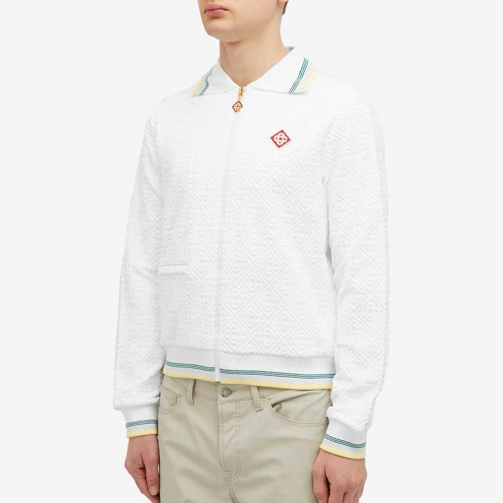 Casablanca Men's Spring & Autumn White Striped Trim Cozy Knit Zipper Lapel Long Sleeve Jacket #73815
