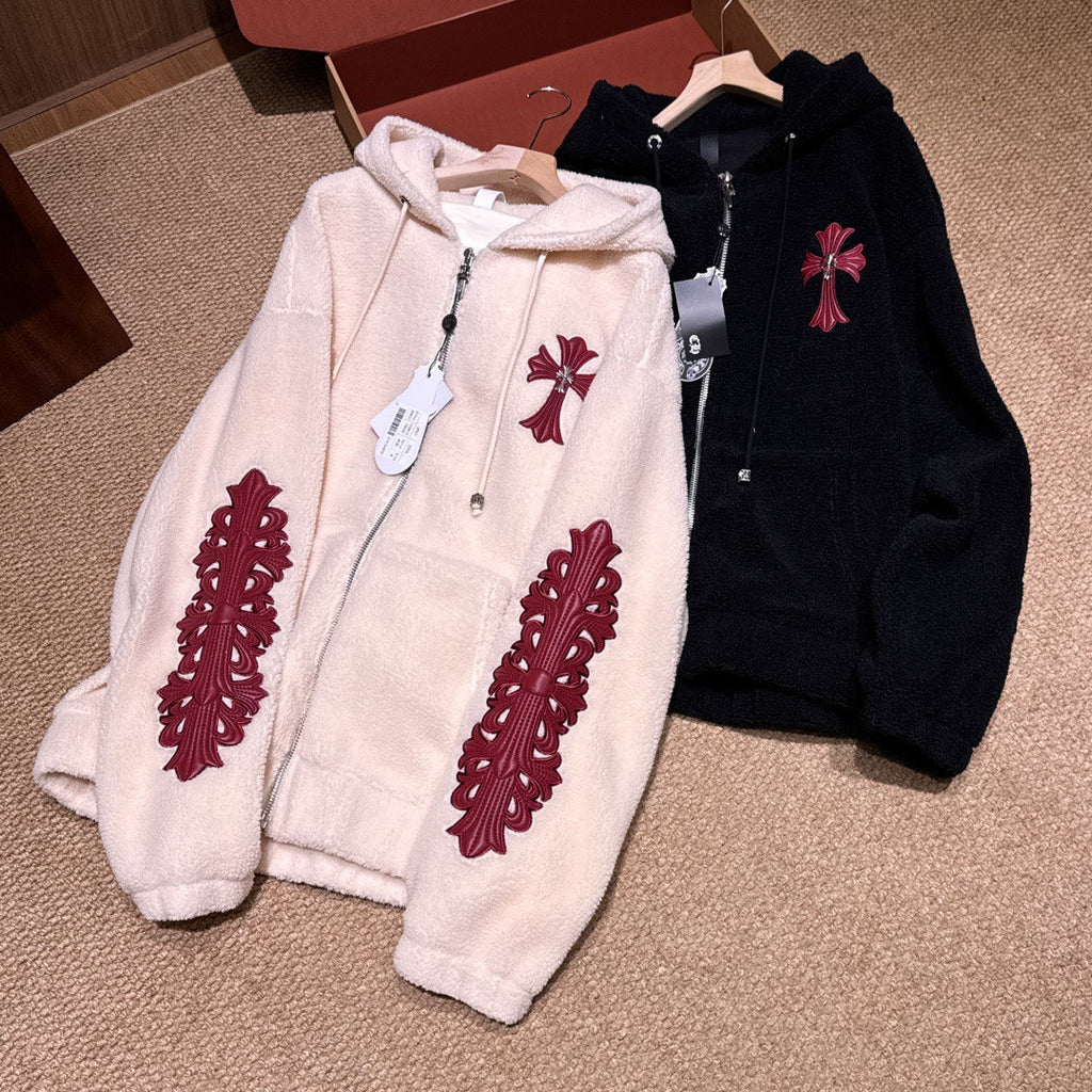 Chrome Women's and Men's Fall/Winter Hearts Polar Fleece Red Leather Cross Coat Embroidered Flowers  #332923