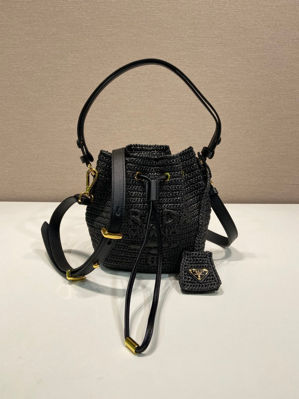 Prada Women's Logo Embroidered Adjustable Detachable Shoulder Strap Lafite Grass Patchwork Leather Bucket Bag Mini Handheld One Shoulder Crossbody Bag  Bags #196301
