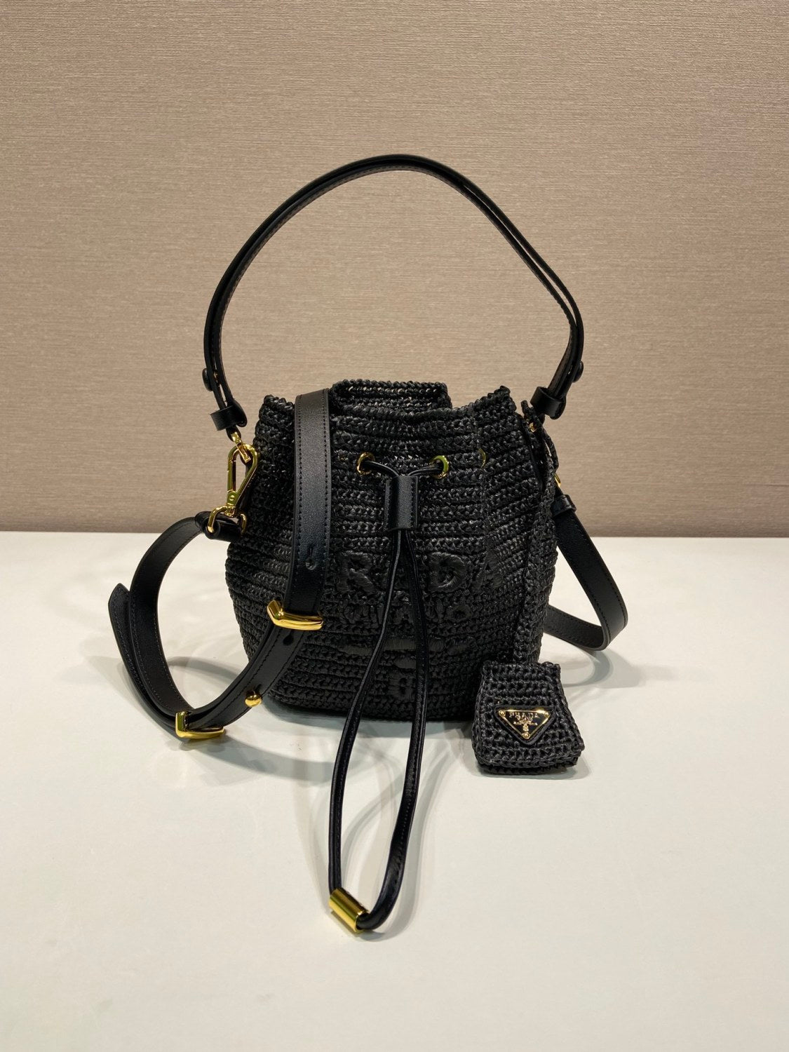 Prada Women's Logo Embroidered Adjustable Detachable Shoulder Strap Lafite Grass Patchwork Leather Bucket Bag Mini Handheld One Shoulder Crossbody Bag  Bags #196301
