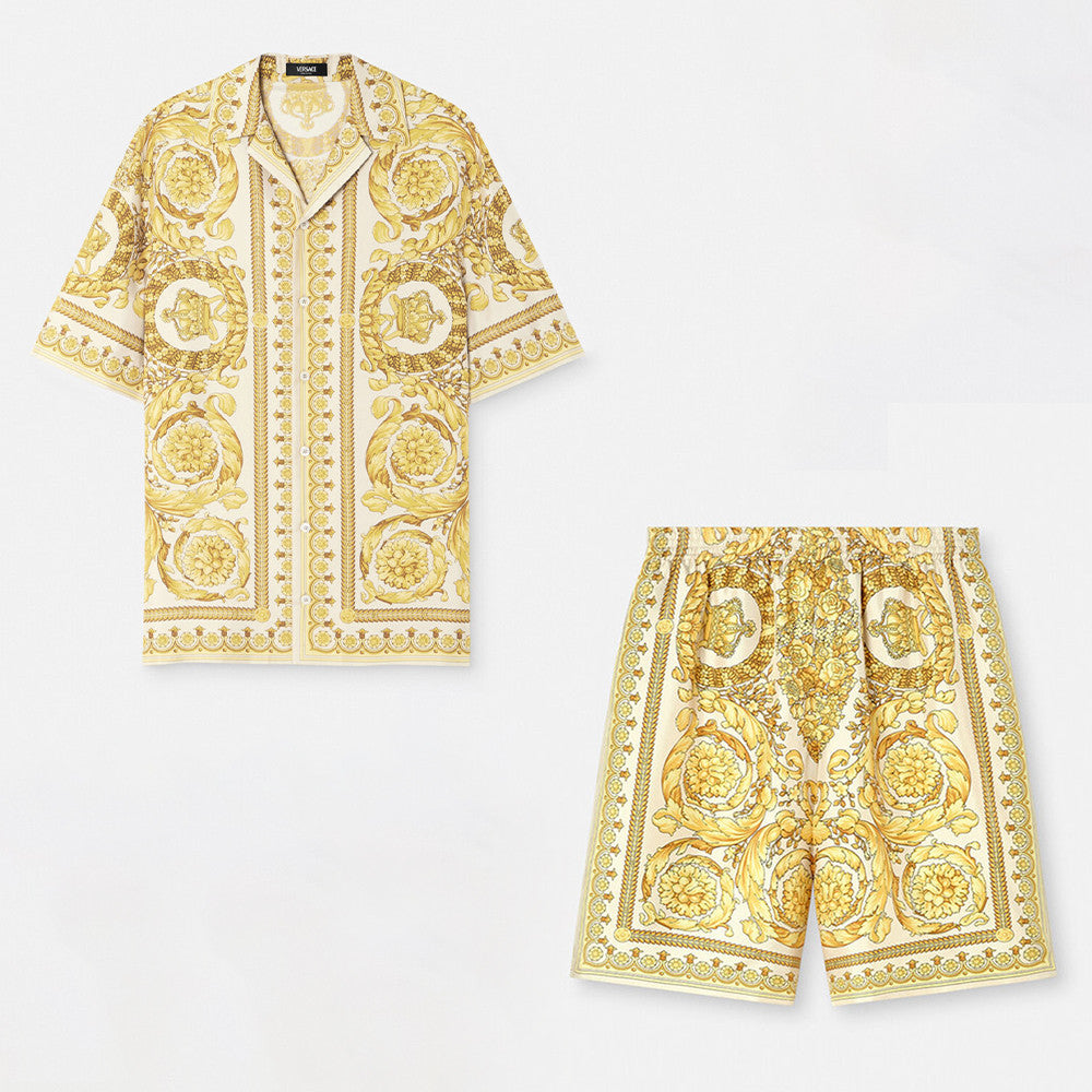 Versace Men's Summer Solid Color Single Breasted Lapel Short Sleeve BAROCCO Silk Shirt Casual Elastic Shorts Ngvp #8287