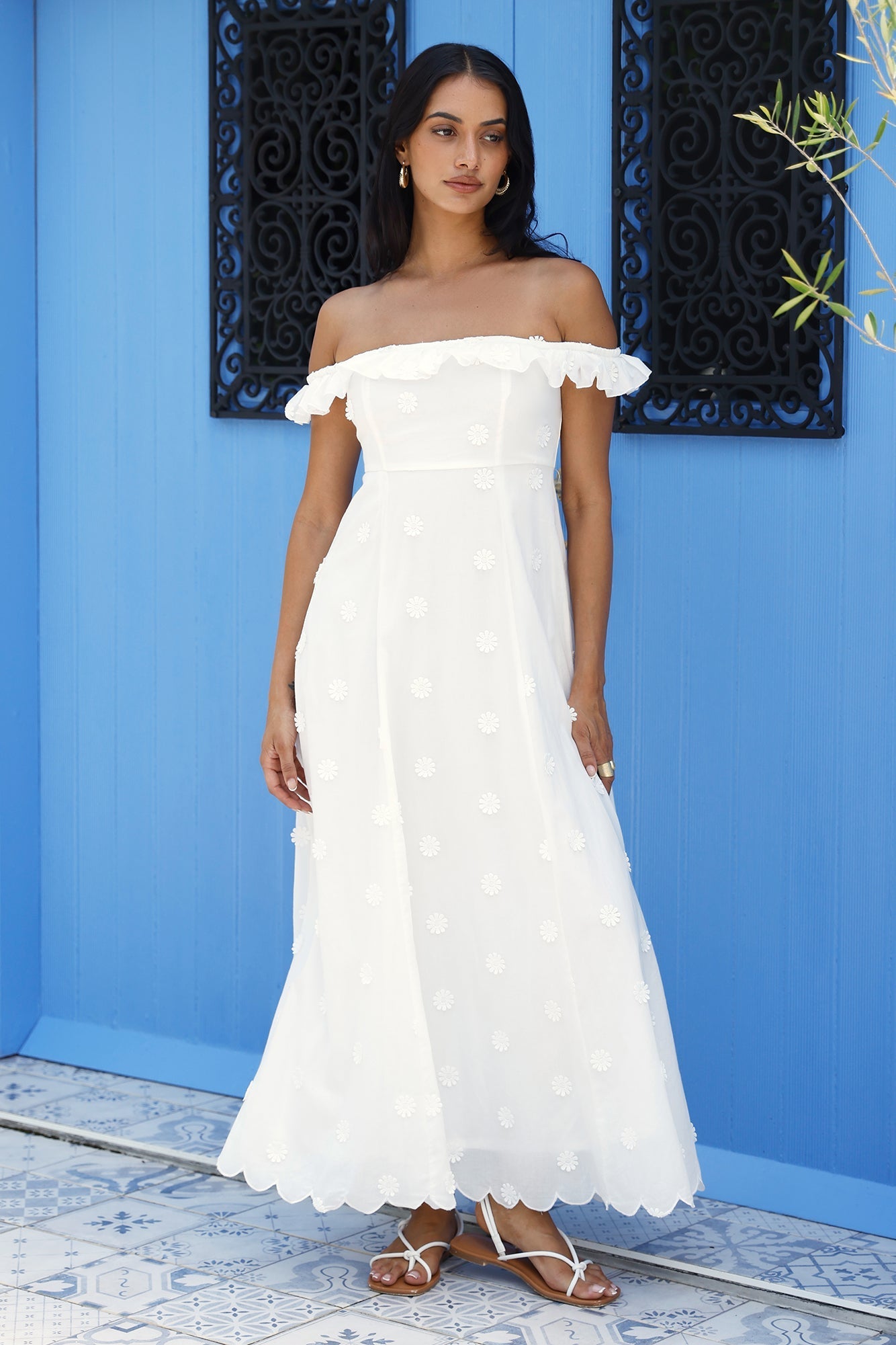 Sunset Waves Off Shoulder Maxi Dress Off White