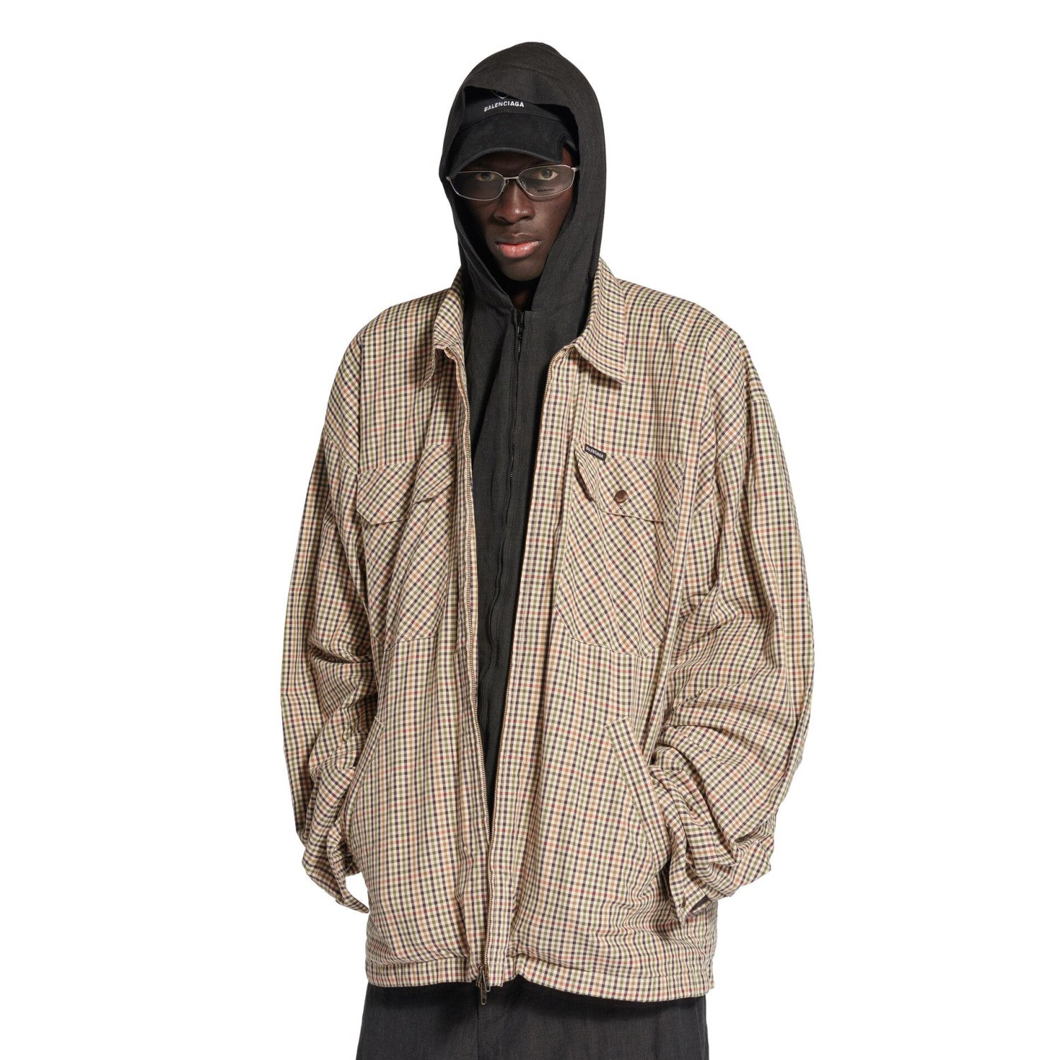 Balenciaga Men's Spring/Autumn Fashion Casual Checkered Collar Zipper Loose Long Sleeved Shirt #78321