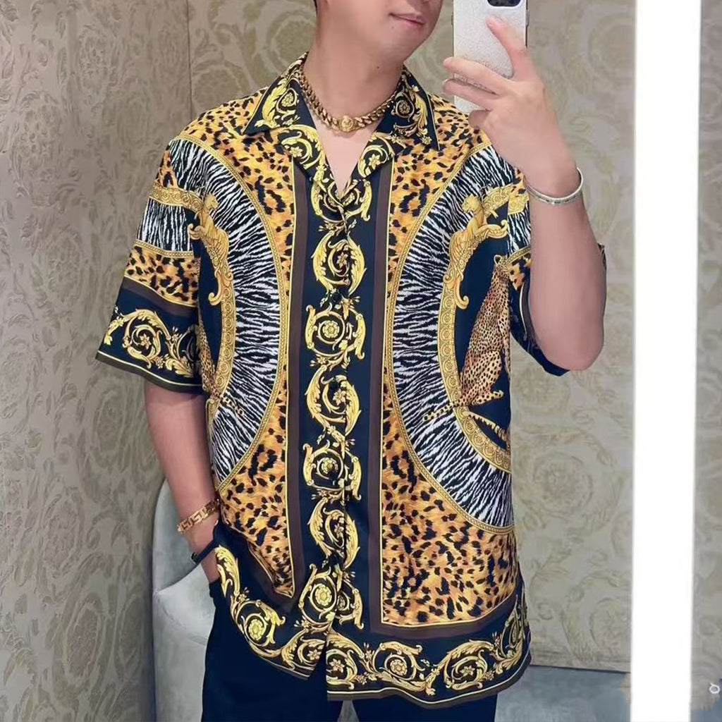Versace Wild Cats Silk Lapel Shirt Shorts Set Men's Luxury Temperament Casual Single-breasted Shirt Elastic Waist Shorts Suit Set Ngvp #2444