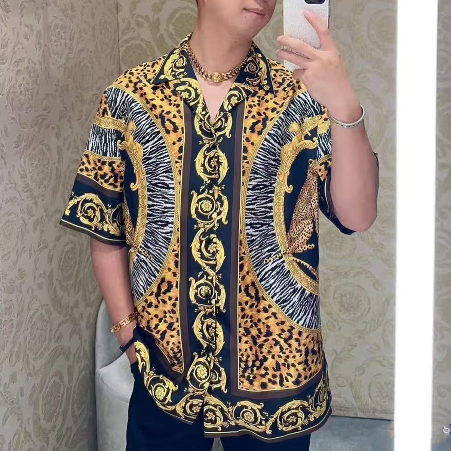 Versace Wild Cats Silk Lapel Shirt Shorts Set Men's Luxury Temperament Casual Single-breasted Shirt Elastic Waist Shorts Suit Set Ngvp #2444