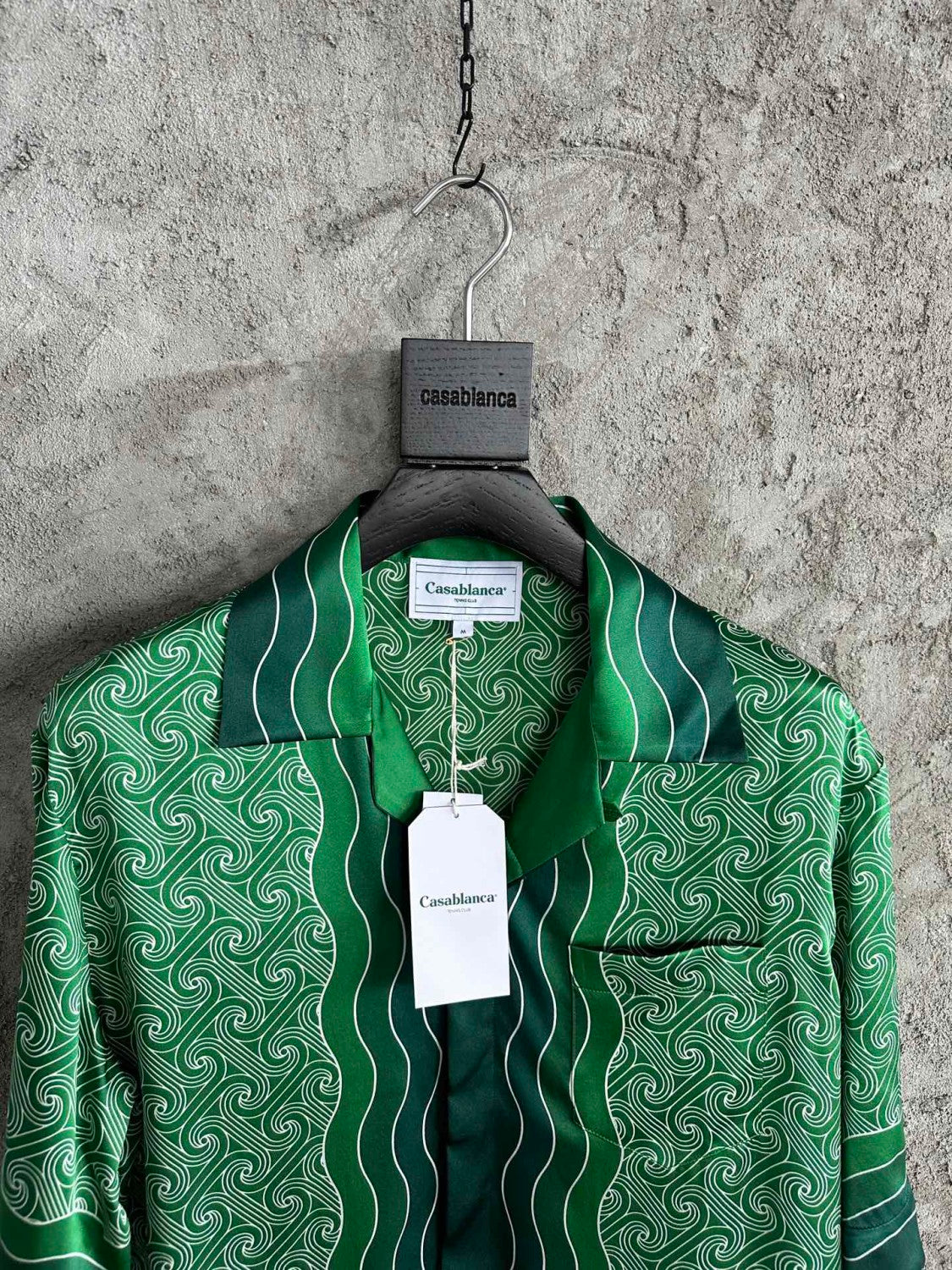 Casablanca Men's Summer Green Line Wave Print Lapel Single Breasted Short Sleeve Shirt Drawstring Tie Shorts Set Suit #73575