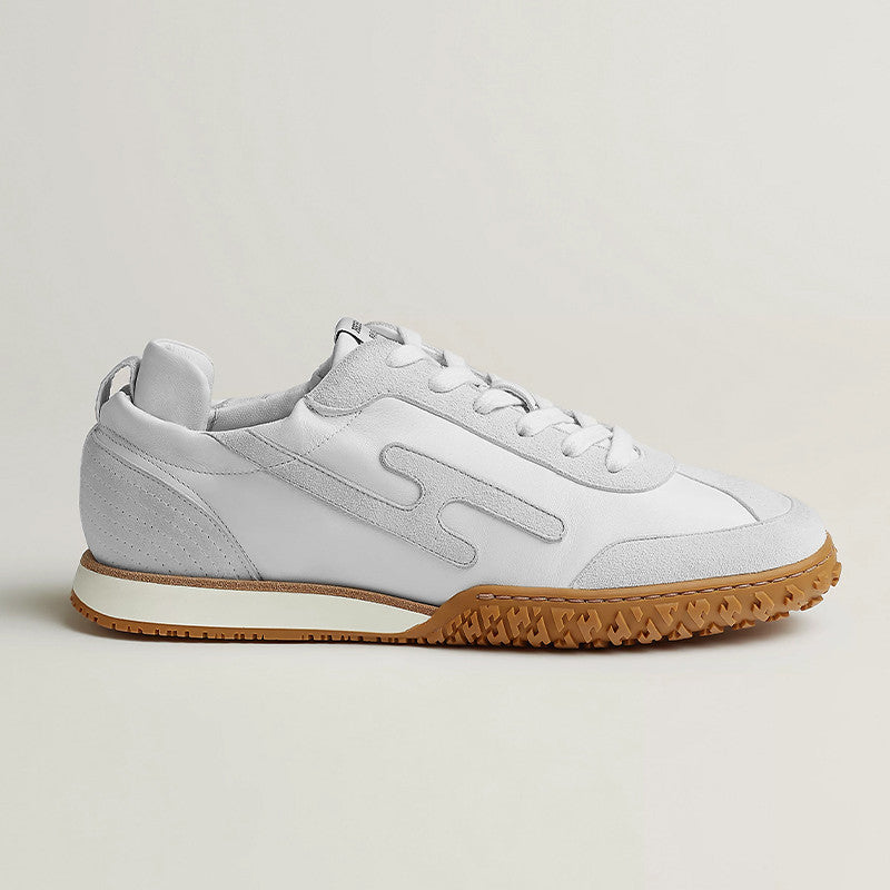 Hermes Women's Four Seasons Low Round Toe Lace Up Casual Shoes Solid Color Leather Jet Sneakers #81318