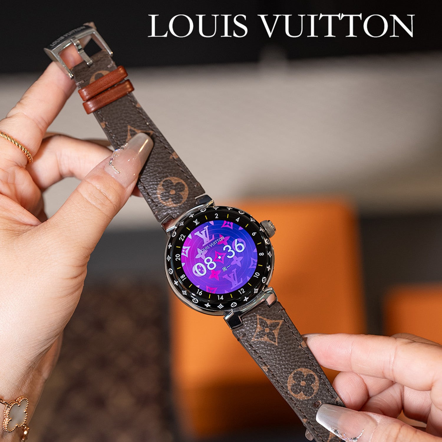 Louis Vuitton Tambour Horizon Light Up Connected Watch Men's Women's Fashion Accessories Diameter 44mm1.2 Inch Round Amoled Full Touch Screen Resolution 390*390 Sensor Actuator Life Waterproof Smart Watch #81447
