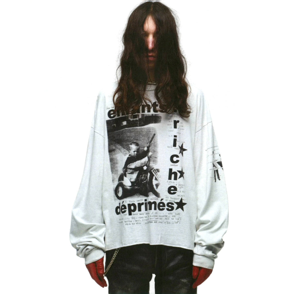 Enfants Riches Deprimes Men's Summer Ribbed Knit Washed Loose Pattern Printed Long Sleeve T-Shirt Pullover Ngvp #73357