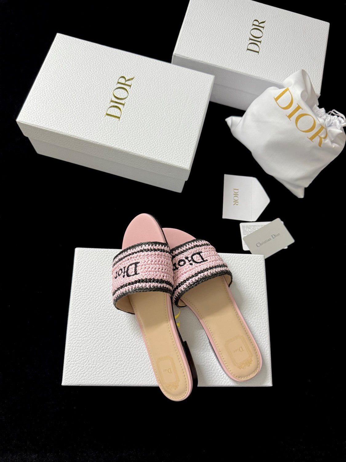 DIOR Dioriviera Dior Woven Slide Soupir Pink Crocheted Raffia-Effect Technical Fabric #387794