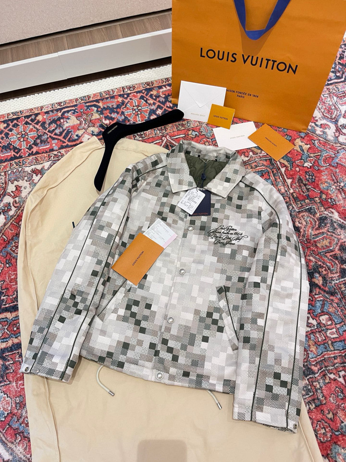 Louis Vuitton ï»?Men's Spring Graphic Coach Jacket Jacquard Drawstring Hem Long Sleeve Single Breasted Coat #71876