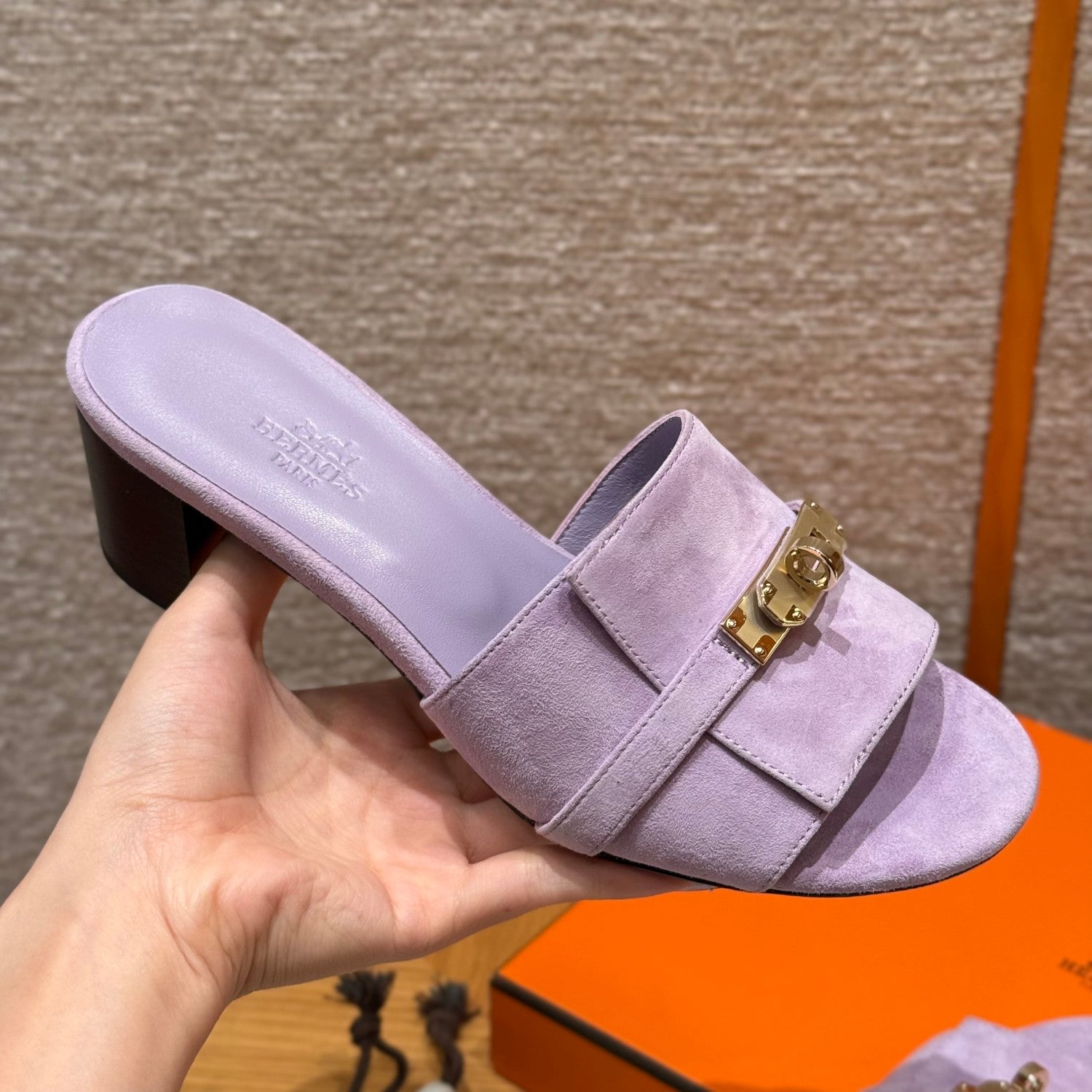 Hermes Gigi 50 Women's Summer Solid Color Metal Buckle Round Toe Suede Leather High Heel Sandals Shoes #77668