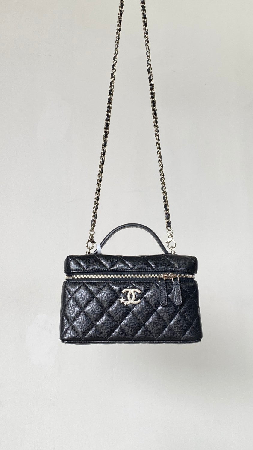 Chanel Women's Solid Color Rhinestone Star Logo Chain Calfskin Handbag Makeup Bag Bags #77689