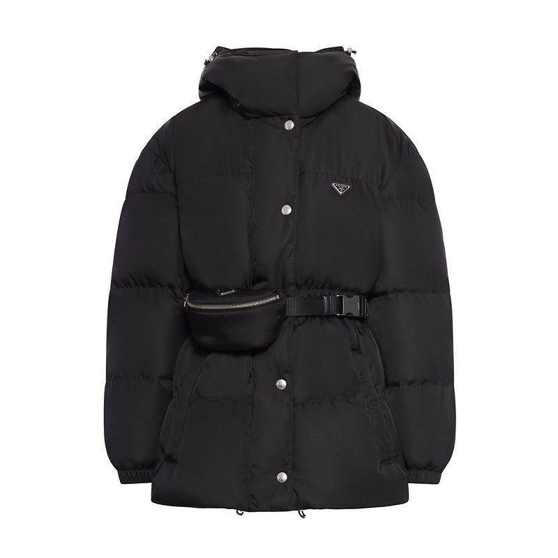 Prada Women's Autumn/Winter Single-Breasted Nylon Belt Long-Sleeved Solid Color Hooded Puffer Down Jacket Ngvp #81482