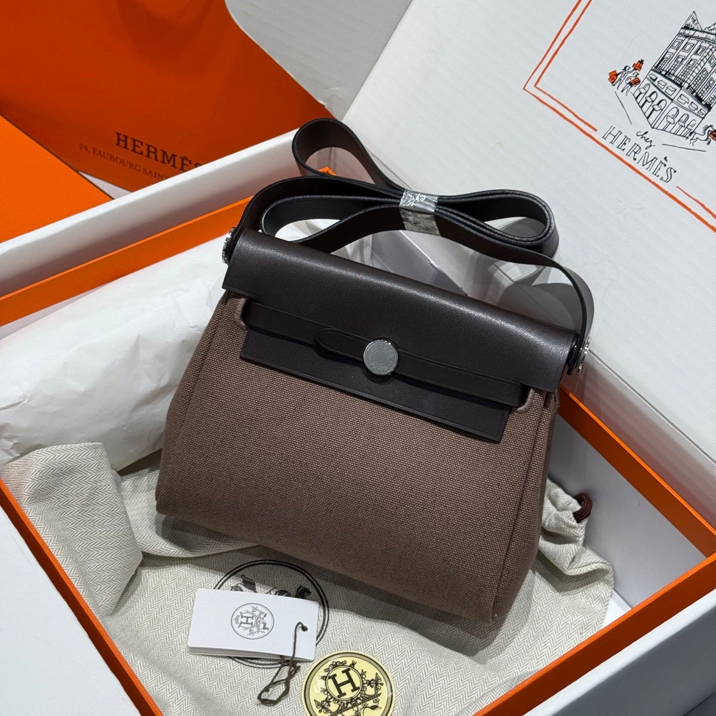 Hermes H -Mini Herbag Women's Color Blocking Metal Buckle Canvas and Cowhide Handbag Shoulder Satchel Bag Bags #76411