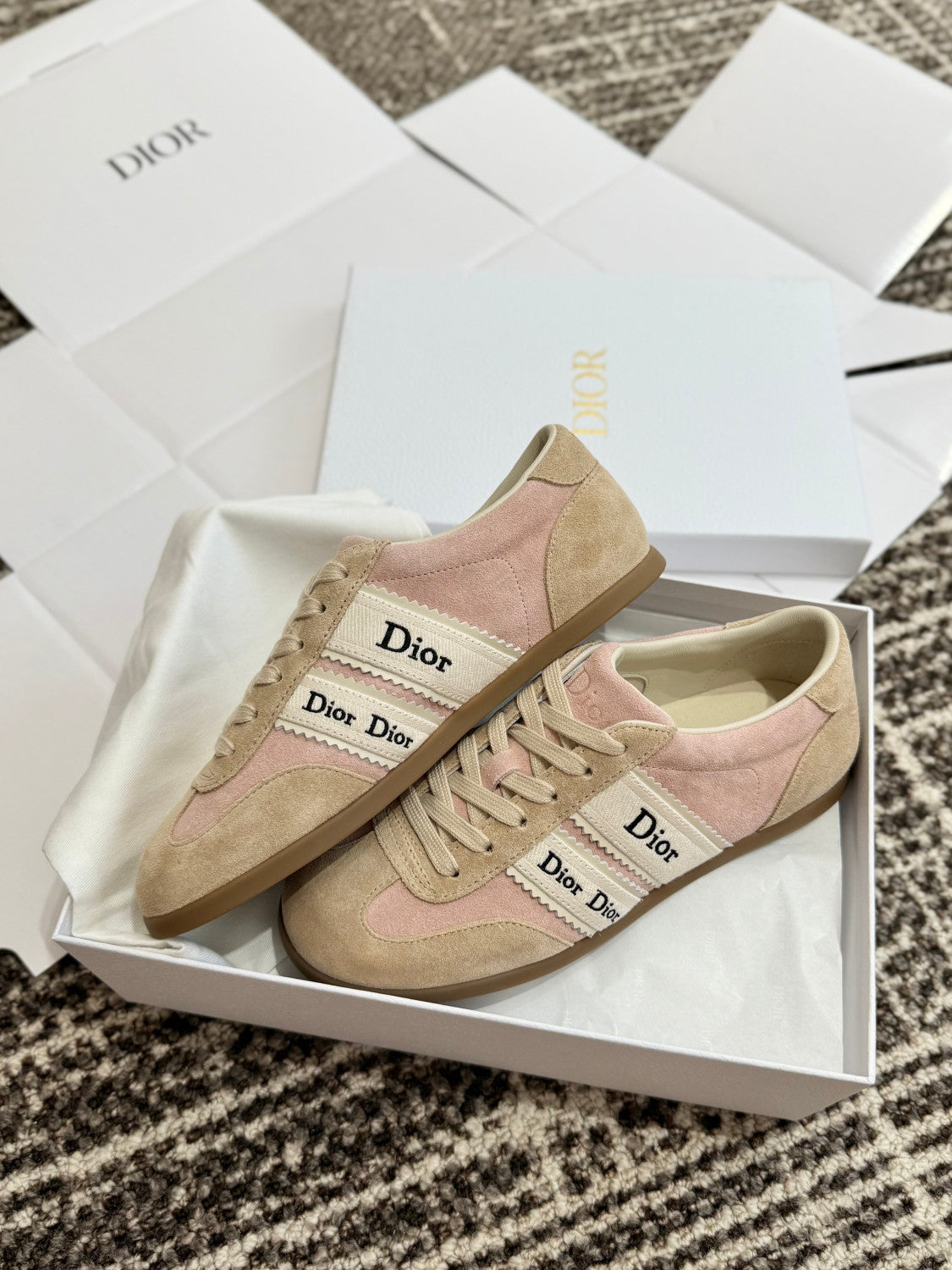 DIOR Dior Ribbon Sneaker Pink and Beige Suede Calfskin #381517