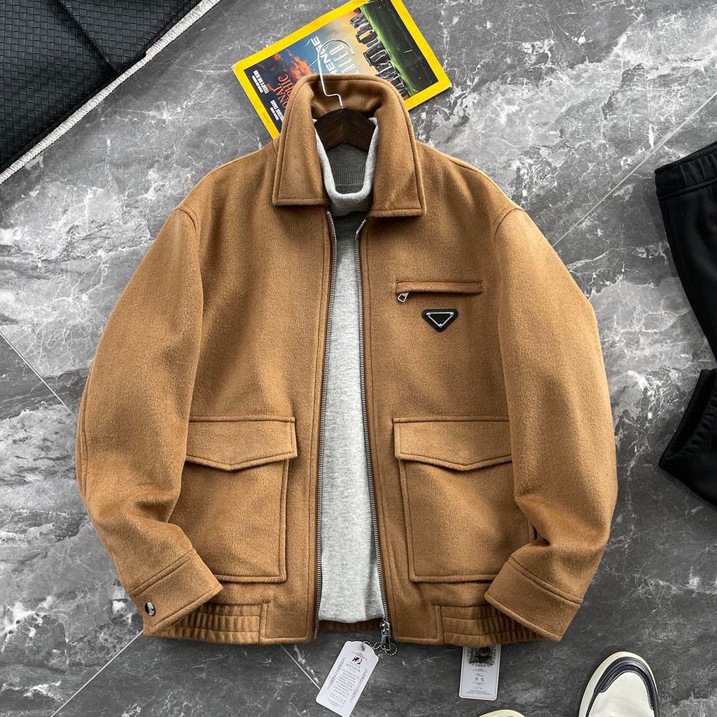 Prada Men's Autumn/Winter Inverted Triangle Logo Sheep Wool Lapel Zip Up Long Sleeve Jacket #97881