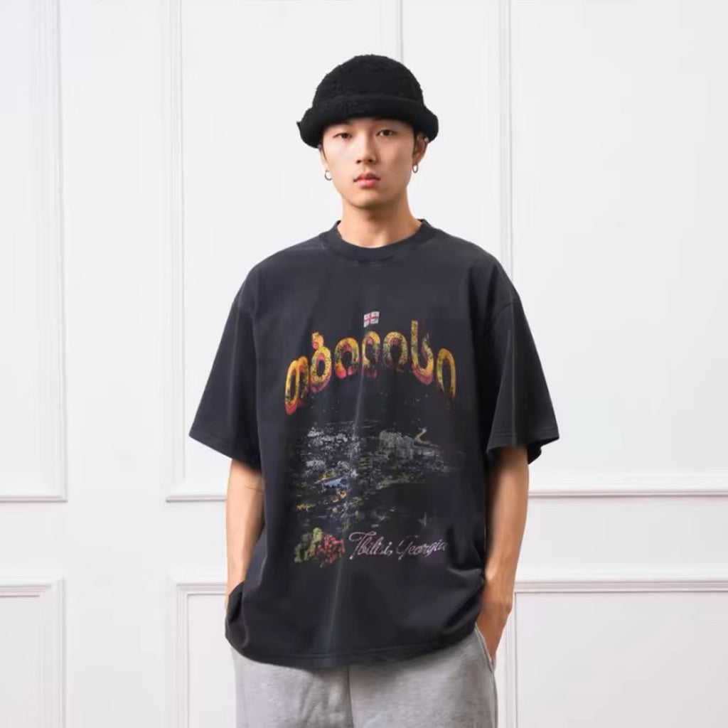 Balenciaga Men's Summer Letter Printed Round Neck Loose Faded Tbilisi Long Sleeve Short Sleeve T-Shirt Ngvp #1156