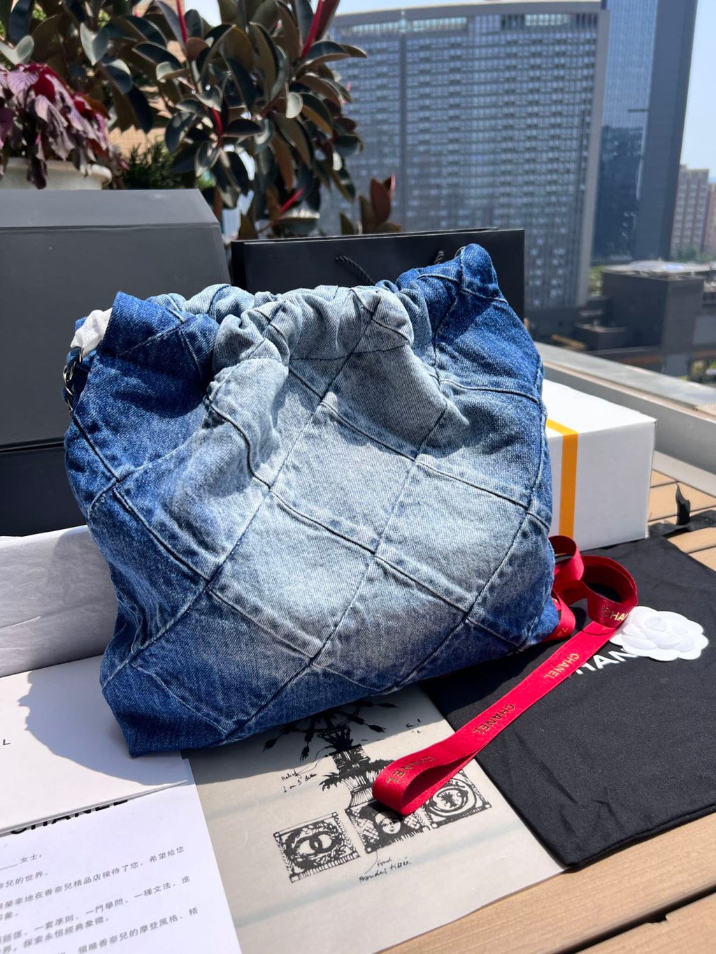 Chanel Women's Small Checkered Large Capacity Chain Denim Shoulder Bag Washed Denim Blue Medium Tote Bag Bags AS3260-B10439-NM981 #81555