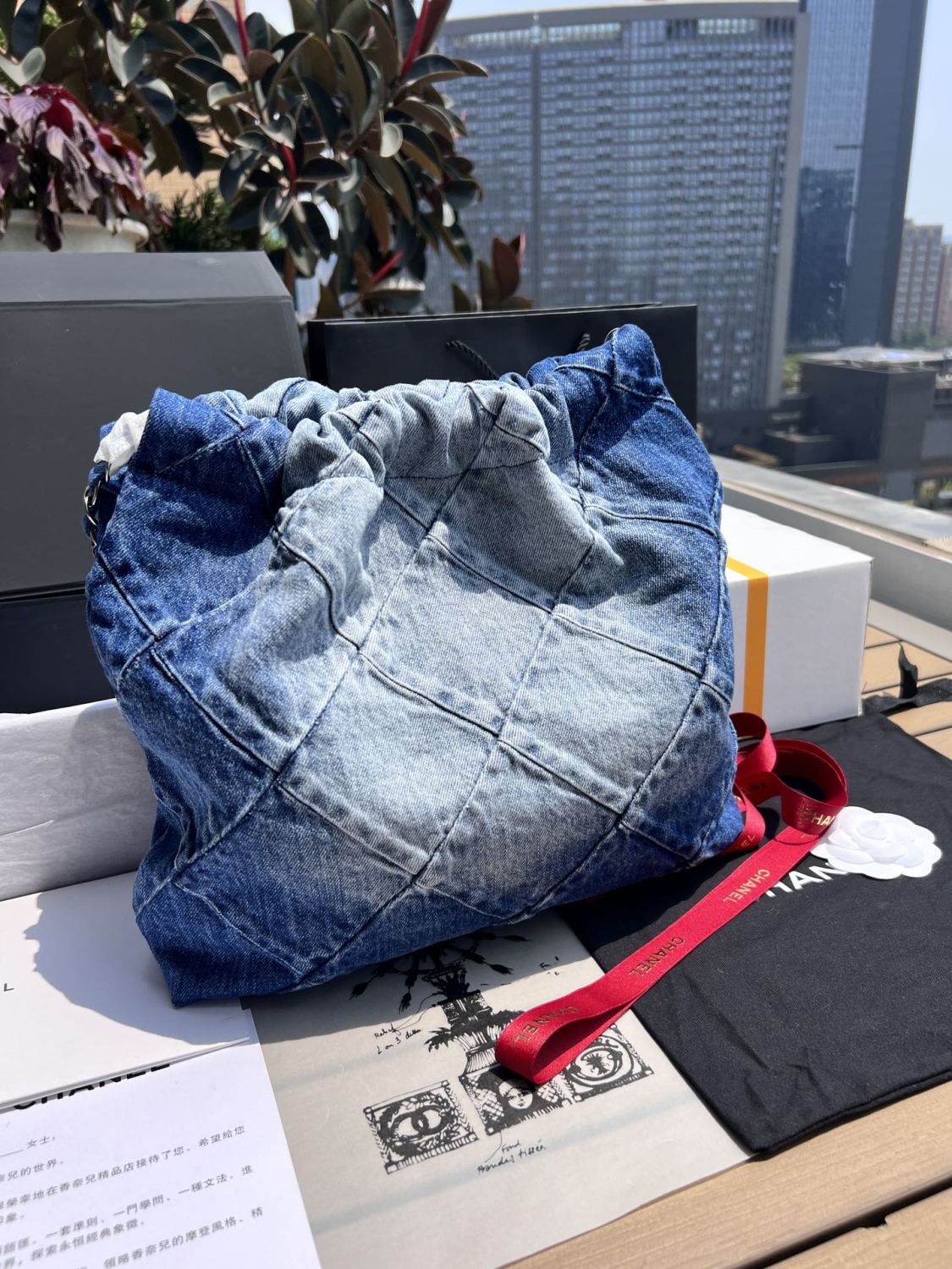 Chanel Women's Small Checkered Large Capacity Chain Denim Shoulder Bag Washed Denim Blue Medium Tote Bag Bags AS3260-B10439-NM981 #81555