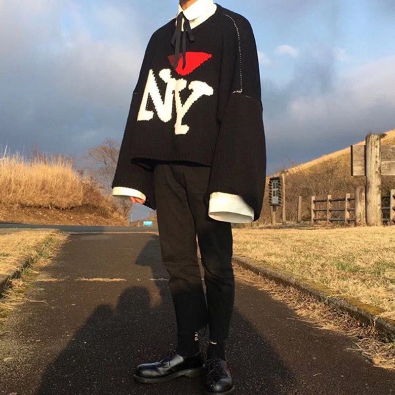 Raf Simons Men's Fall And Winter Black Ny Jacquard Round Neck Long Sleeve Knitted Sweater High Street Trend Casual Pullover Sweater Ngvp #2462