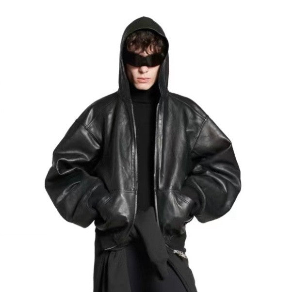Balenciaga Men's Women's Autumn And Winter Loose Contour Hooded Leather Jacket Zip High Street Hip Hop Biker Style Jacket Ngvp #9784