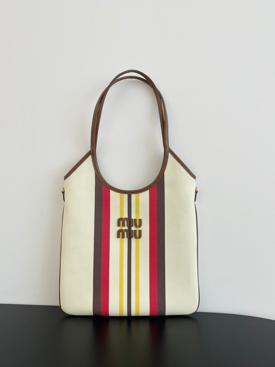MiuMiu IVY Women's Embroidered Letter Print Striped Pattern Canvas And Leather Handbag Tote Bag Bags #77931