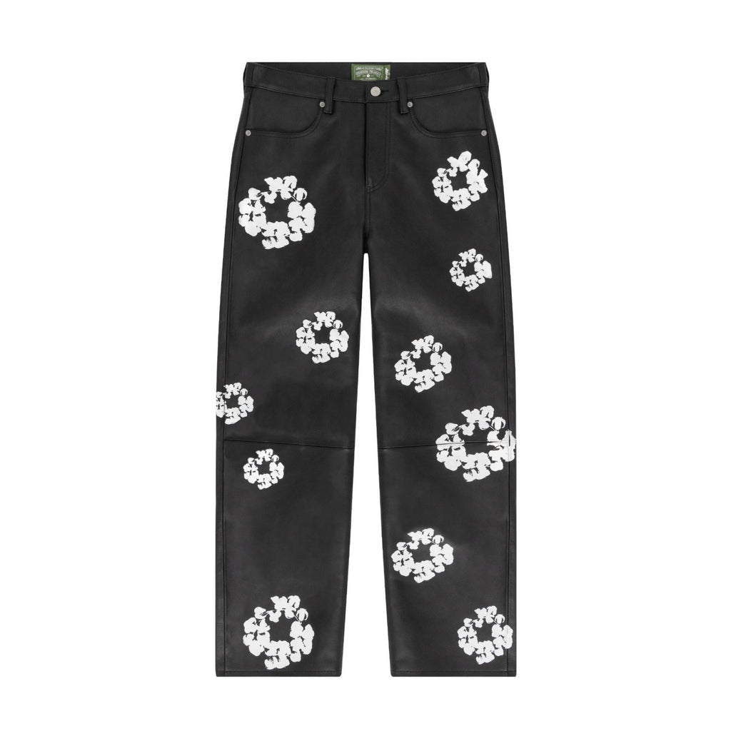 Denim Tears x Levi's Men's and Women's Autumn and Winter Black Leather Cotton Loop Logo Printed Lapel Single Breasted Long Sleeve Jacket Mid Calf Casual Pants Suit Set #74881