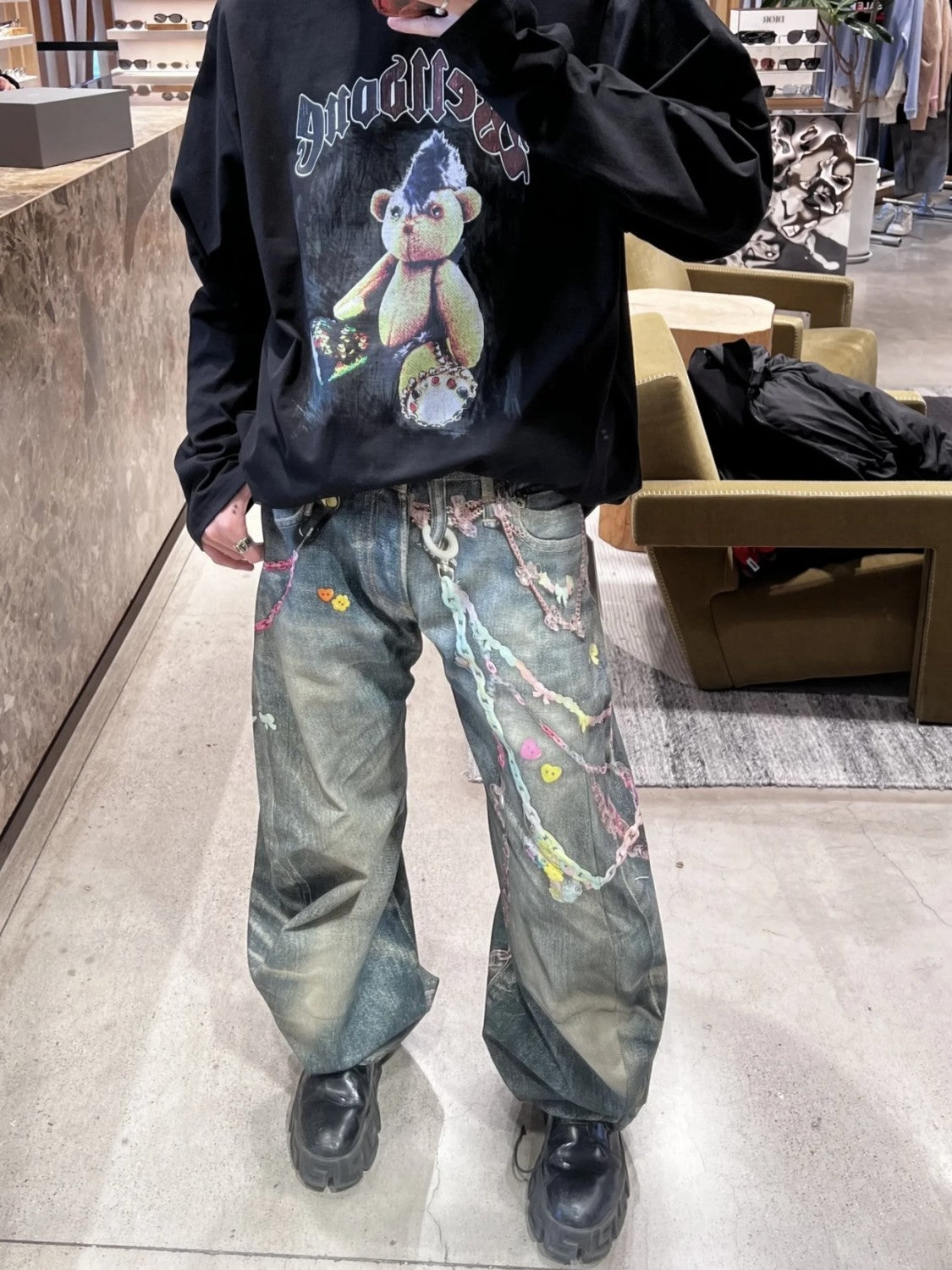 Acne Studios Men'S Women'S Four Seasons 3d Print Chain Print Loose Fit Jeans Fashion High Street Machete Pants Jeans  Ngvp #1343