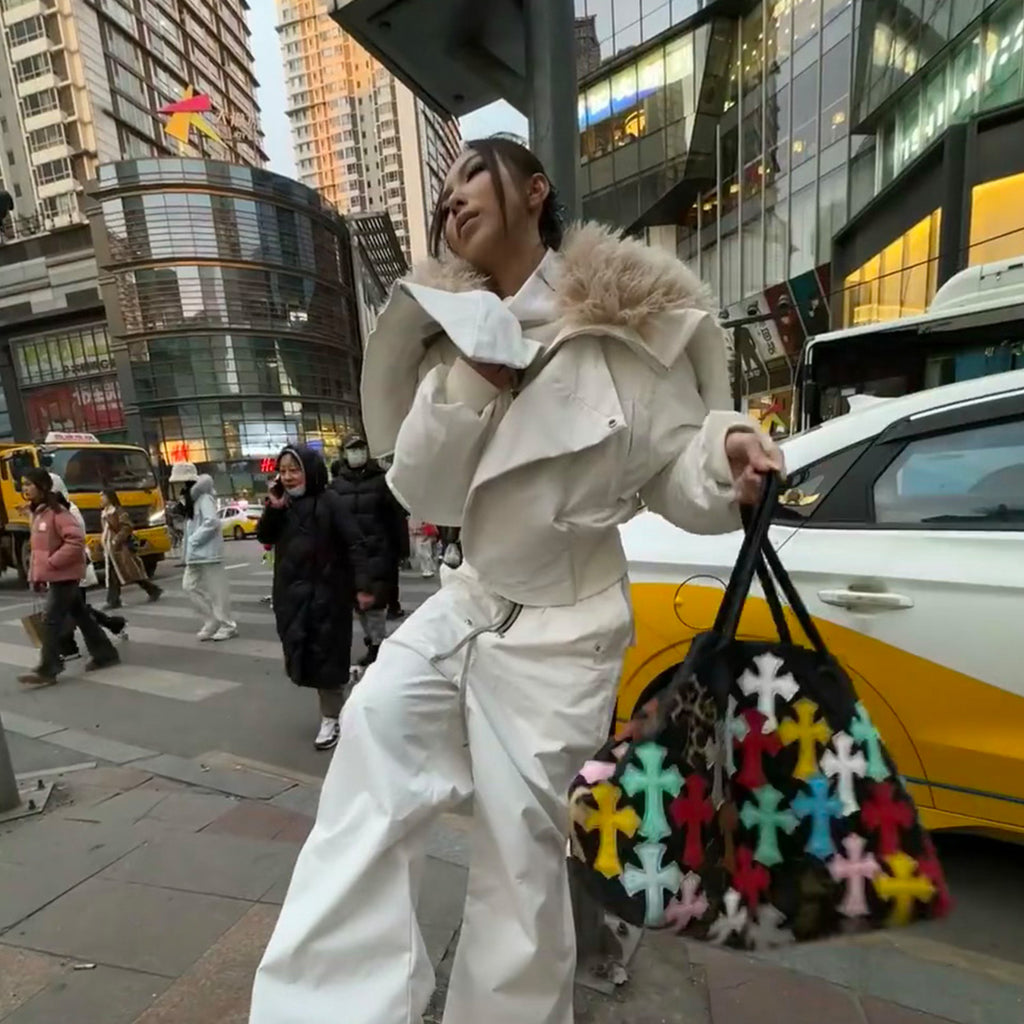 Moncler x Rick Owens Men's Women's Autumn And Winter Large Fur Collar Removable Trend High Street White Down Jacket Zip Hooded Jacket Ngvp #9794