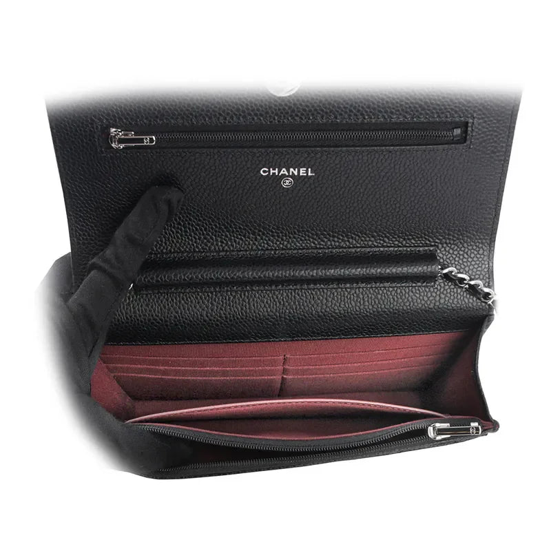 CHANEL Classic CC Logo Silver Buckle Lychee Leather Black #332724