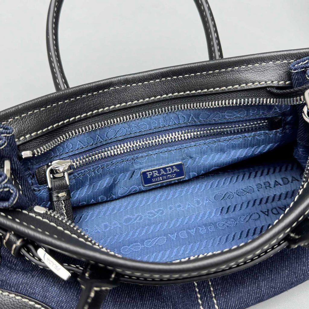 PRADA Women's Bonnie French Triangle Metal Logo Classic Versatile Mixed Materials Handbag Mini Women's Blue And Brown #332335