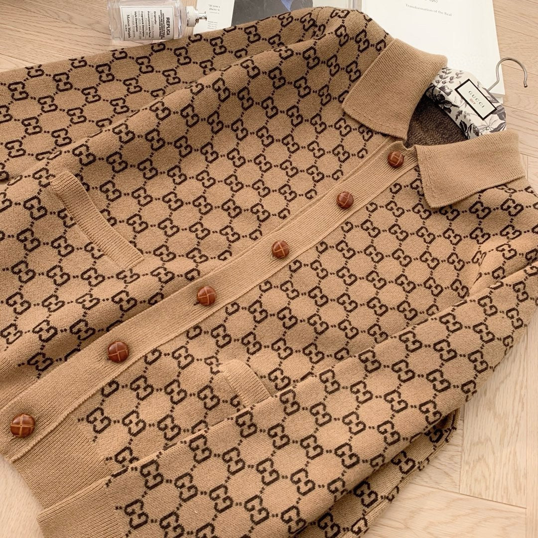 Gucci Men's Spring And Fall Khaki Monogrammed Single Breasted Wool Knit Long Sleeved Cardigan Jacket #73726