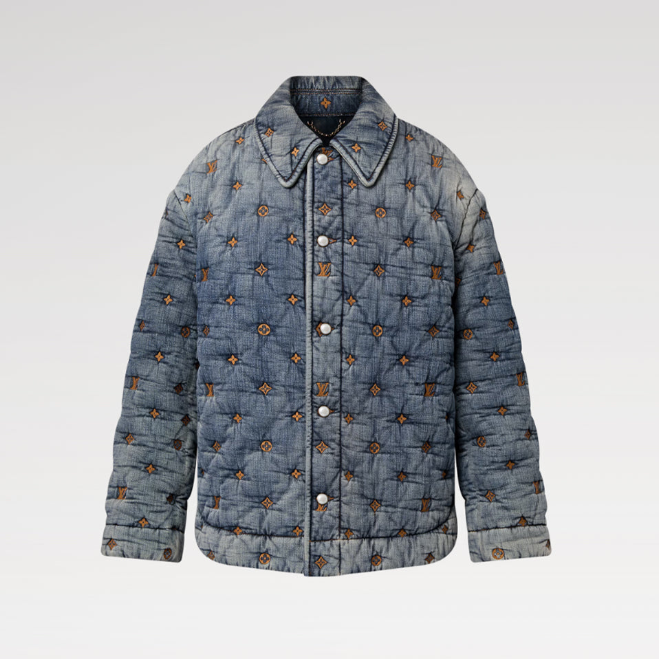 Louis Vuitton Men's Spring/Autumn Monogram Embroidered Loose Single-Breasted Cotton Blend Solid Color Long Sleeve Denim Jacket #81499