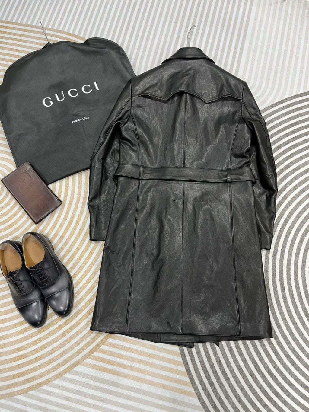 Gucci Men's Fall And Winter Black Double Breasted Lace Up Drawstring Lambskin Long Coat Jacket #99879
