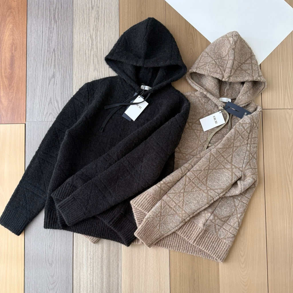 DIOR Cannage Hooded Sweatshirt Beige Cotton and Wool Blend Knit#336735