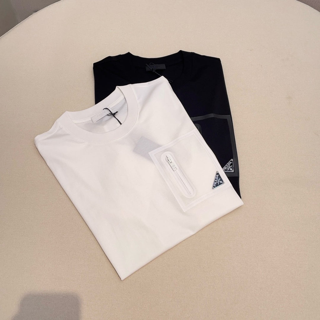 Prada Men's And Women's Summer Solid Color Zipper Pocket Round Neck Cotton Short Sleeve T-shirt #72155