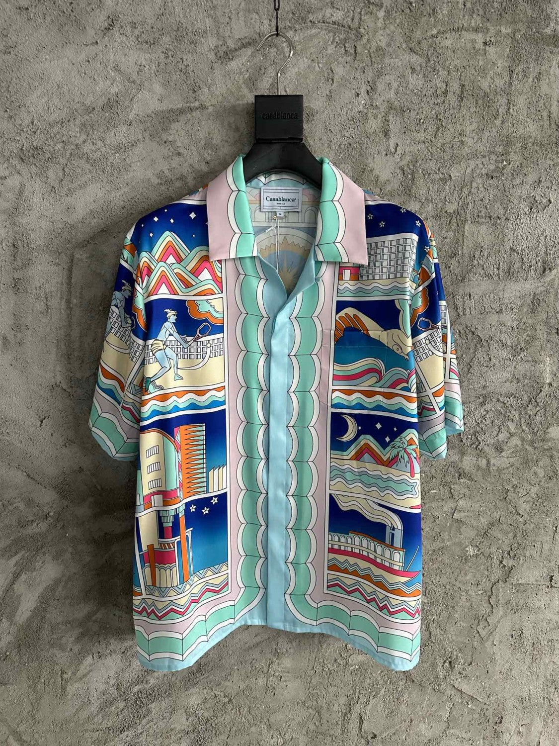 Casablanca Men's Summer City Print Single-Breasted Short-Sleeved Shirt and Casual Drawstring Shorts Set Suit #77128